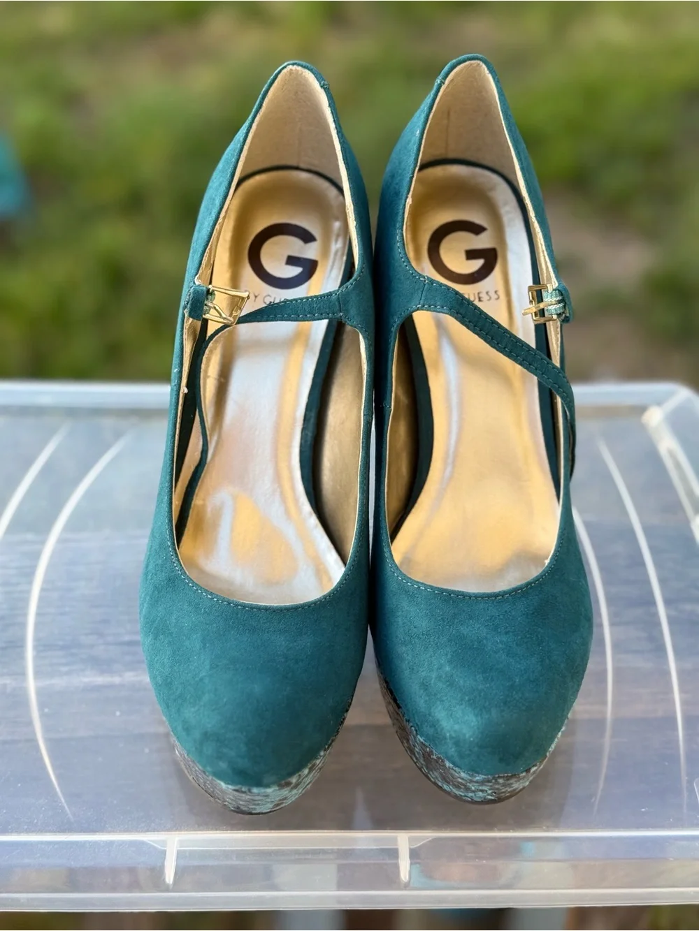 G by Guess Teal Platform Mary Jane Pumps with Snakeskin Trim